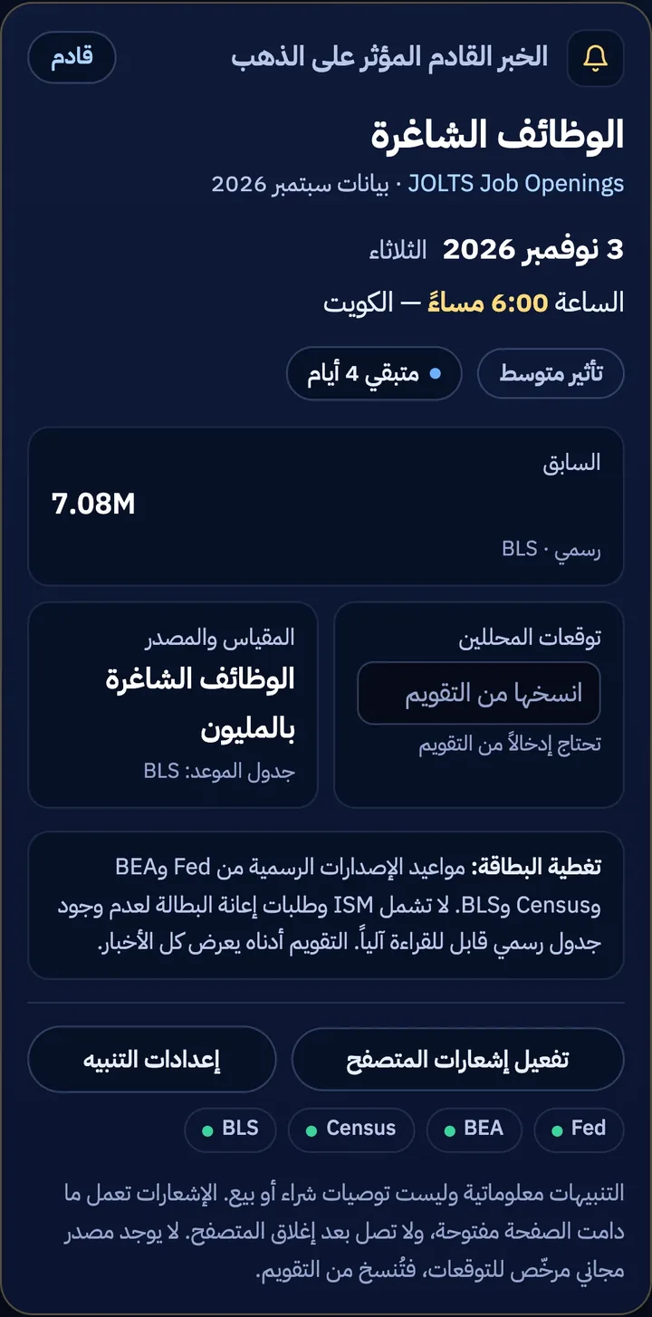 لقطة من NEWS GUARD: بطاقة الخبر القادم بموعده بتوقيت الكويت ومستوى أهميته والقراءة السابقة